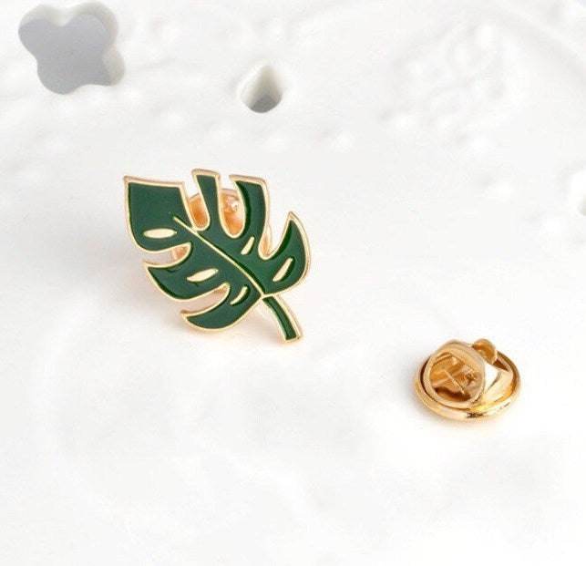 Monstera Leaf Enamel Lapel Pin with butterfly clip