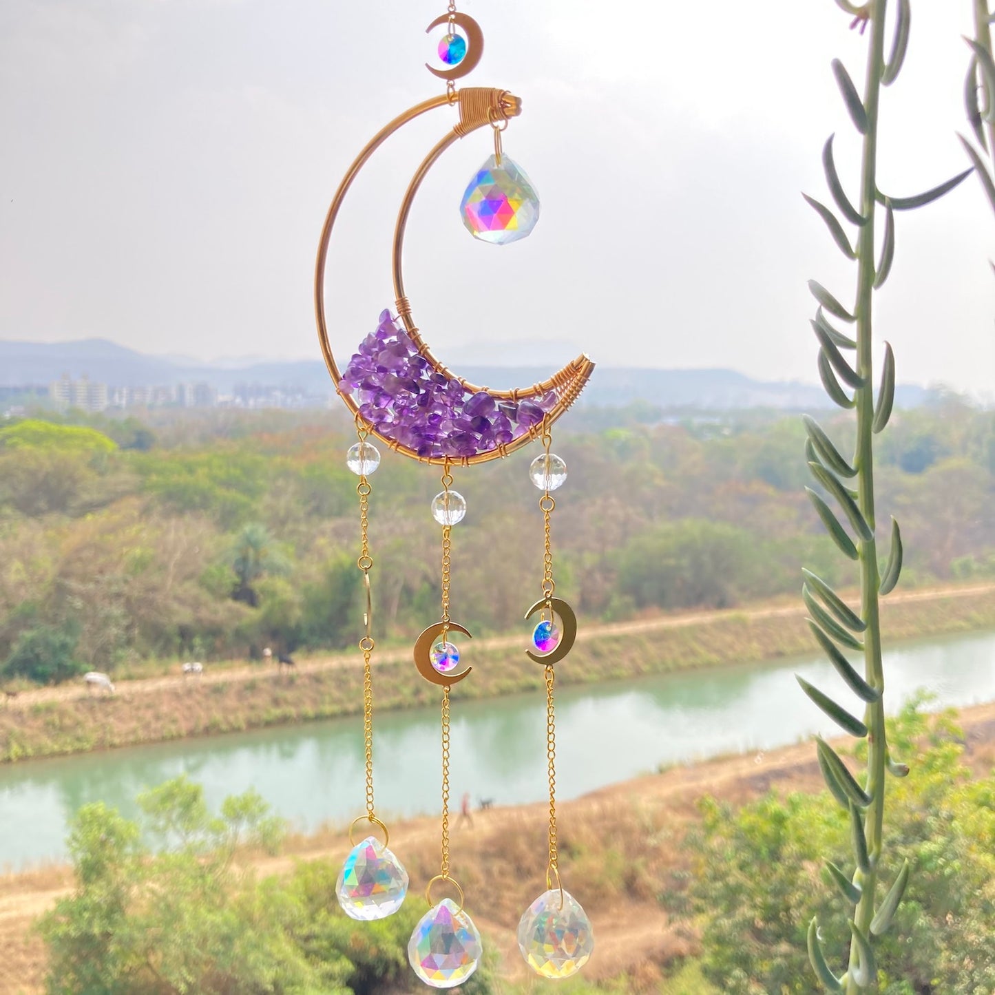 Quartz Moon Crescent Crystal Suncatcher Amethyst outdoor garden