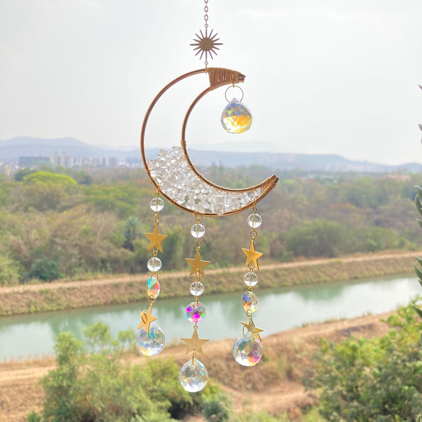 Quartz Moon Crescent Crystal Suncatcher outdoor garden