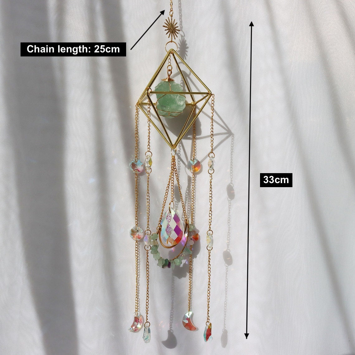 Raw Crystal Suncatcher (Green Fluorite) size and dimensions