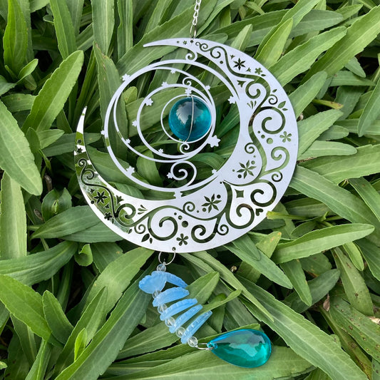 Rotating Silver Moon with Crystal Glass Ball Hanging Decor