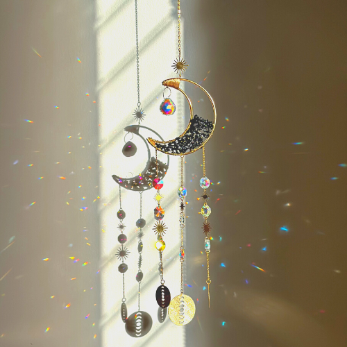 Quartz Moon Crescent Crystal Suncatcher obsidian in sunlight