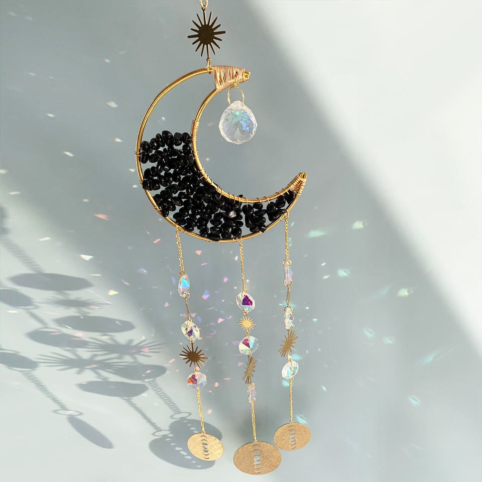 Quartz Moon Crescent Crystal Suncatcher obsidian