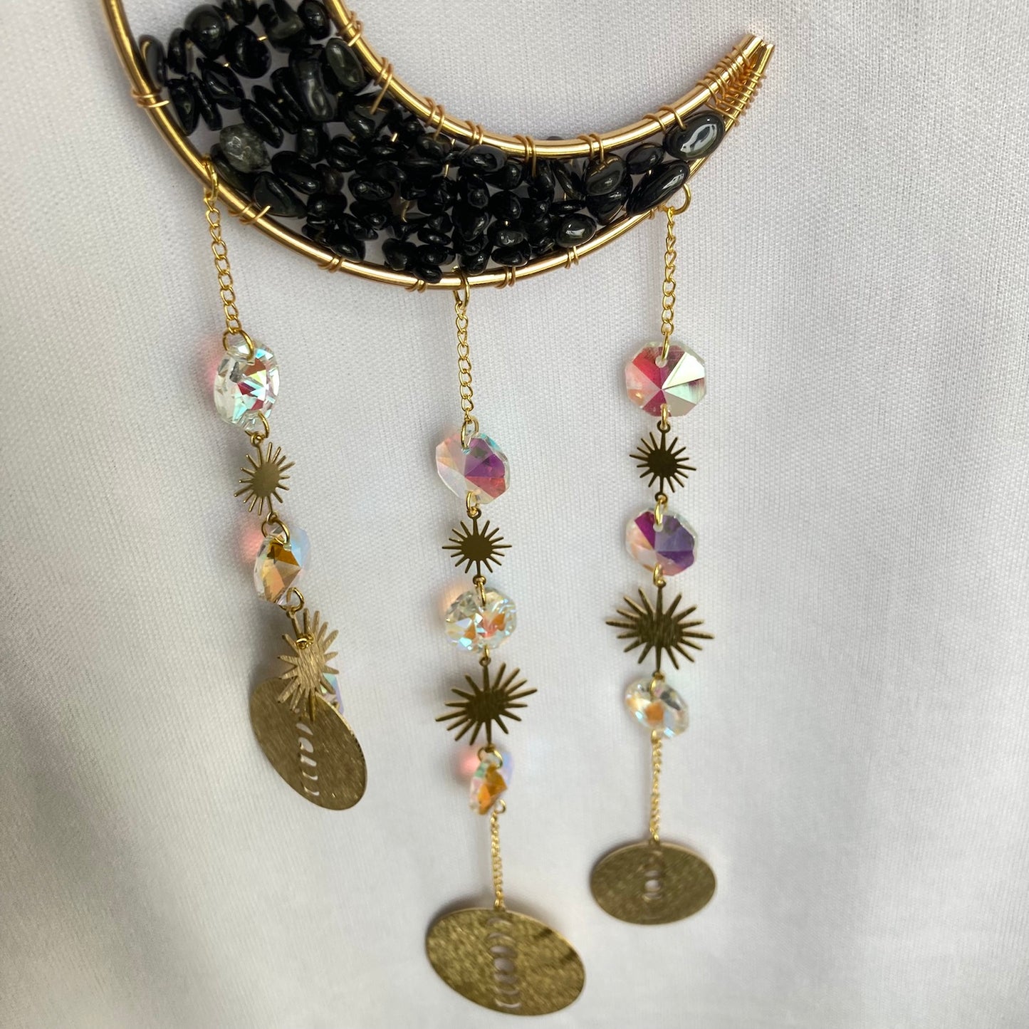 Quartz Moon Crescent Crystal Suncatcher obsidian close up
