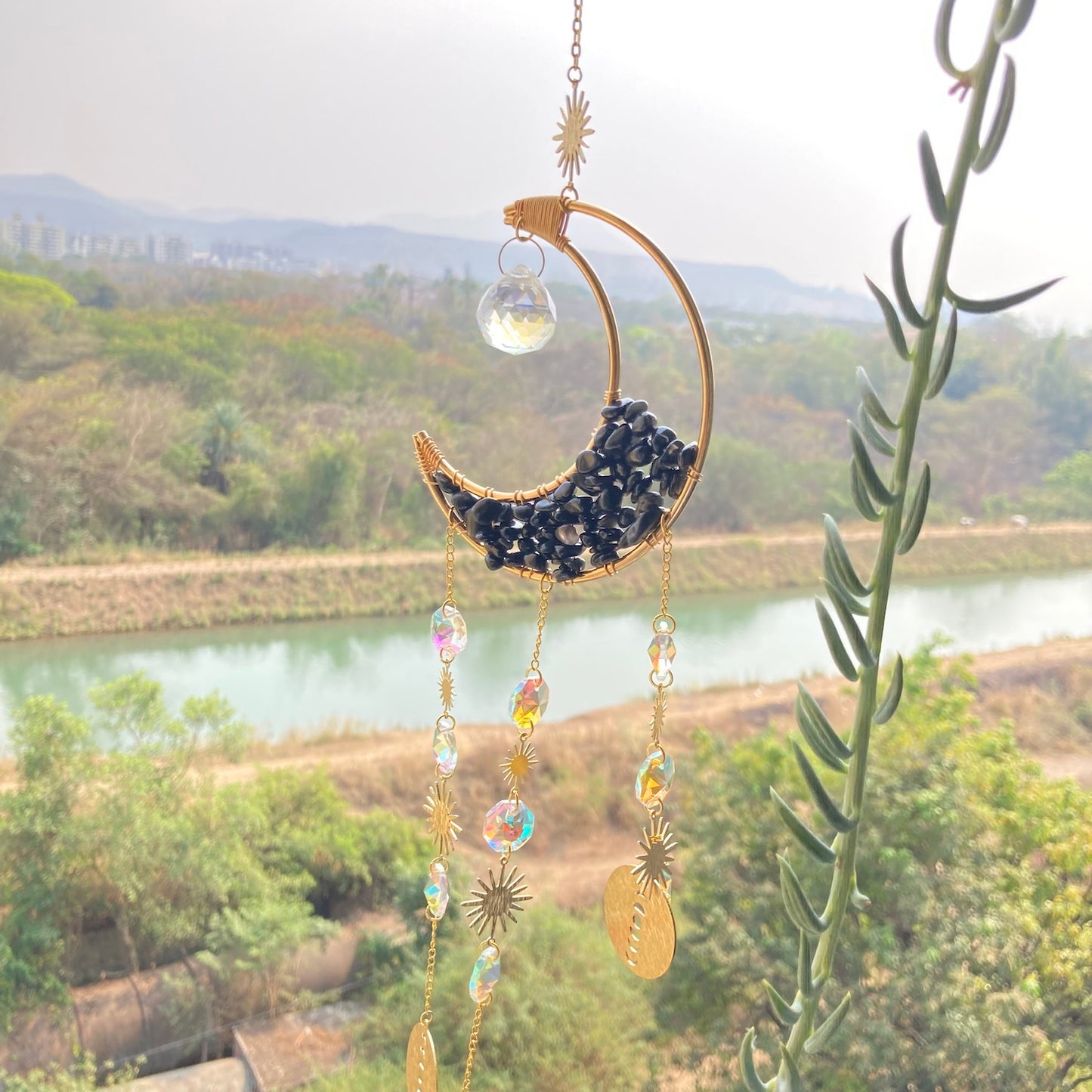 Quartz Moon Crescent Crystal Suncatcher obsidian outdoor garden