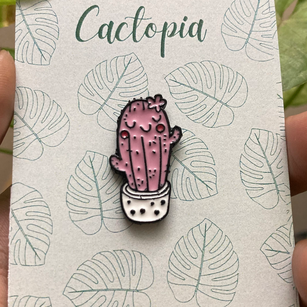 Pink Cactus Enamel Lapel Pin on display card
