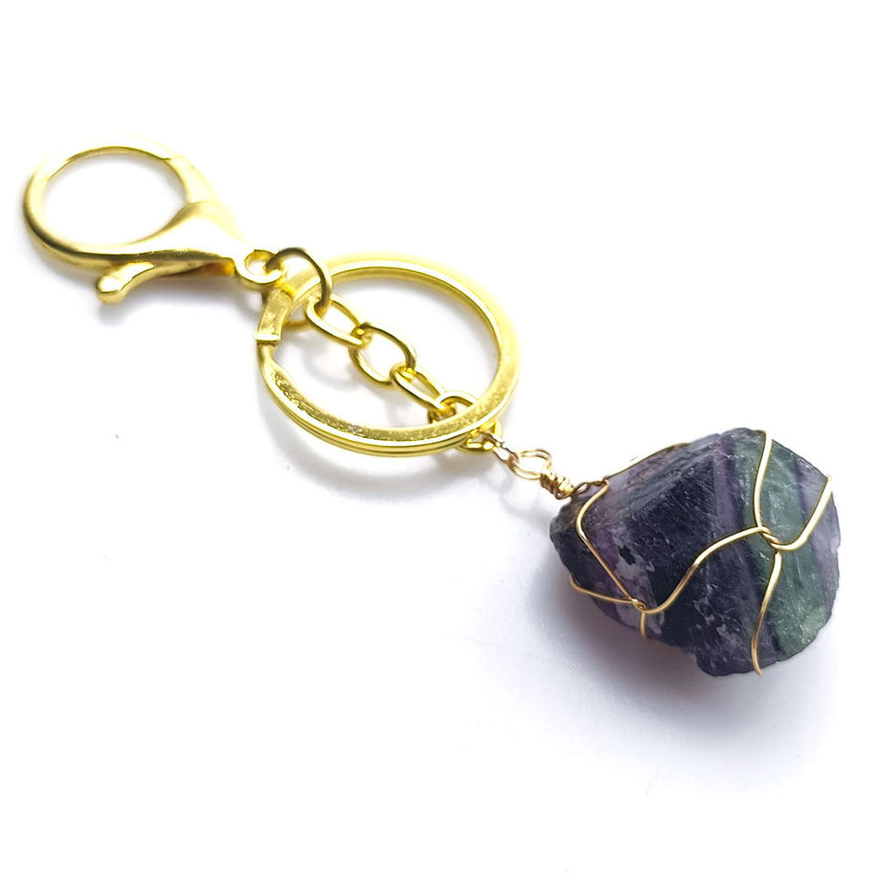 Raw Crystal Keychain with Lobster Hook (Rainbow Fluorite)