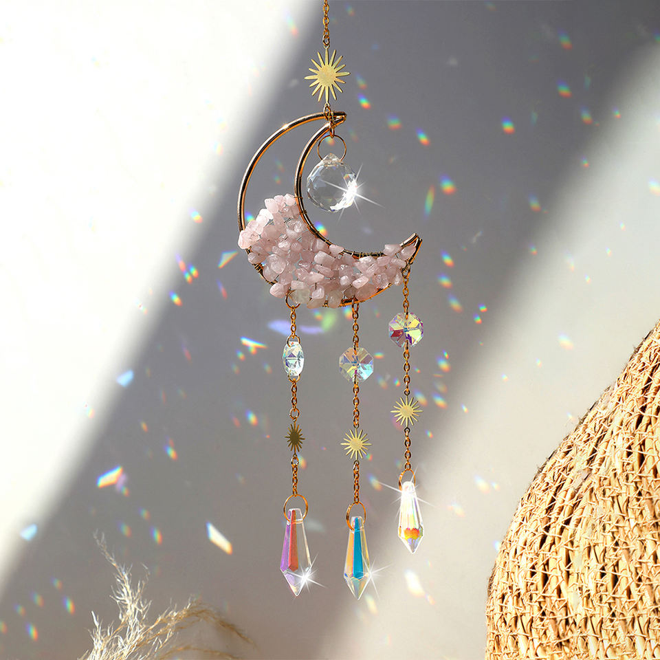 Quartz Moon Crescent Crystal Suncatcher Rose