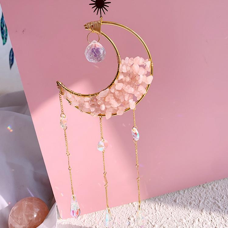 Quartz Moon Crescent Crystal Suncatcher Rose in sunlight
