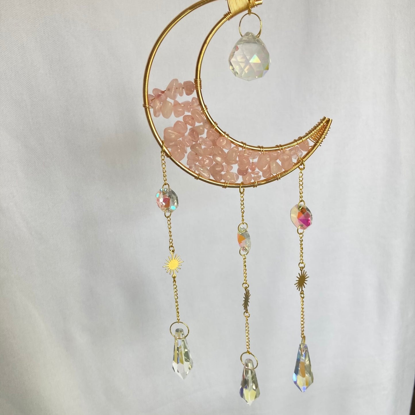 Quartz Moon Crescent Crystal Suncatcher Rose close up