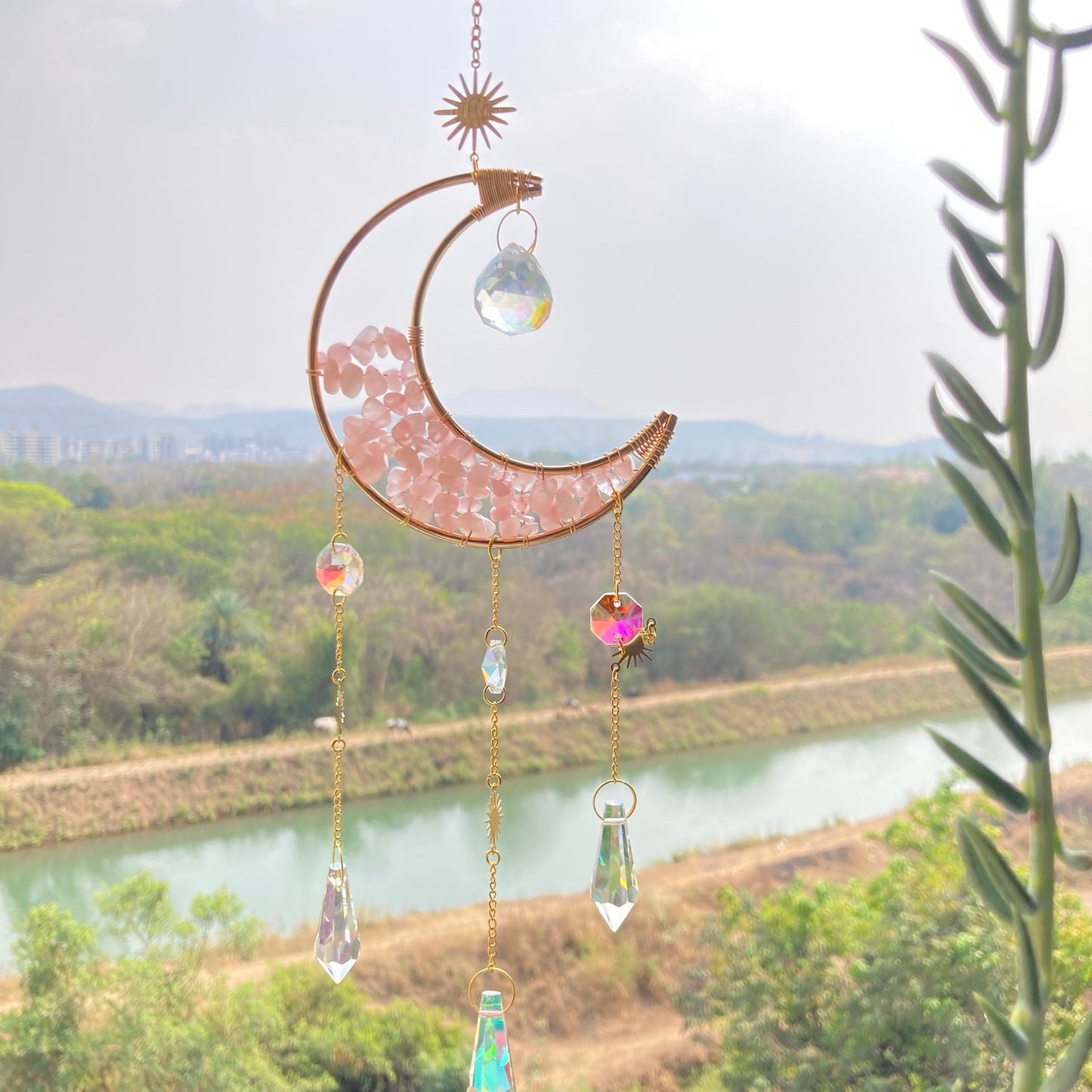 Quartz Moon Crescent Crystal Suncatcher Rose outdoor