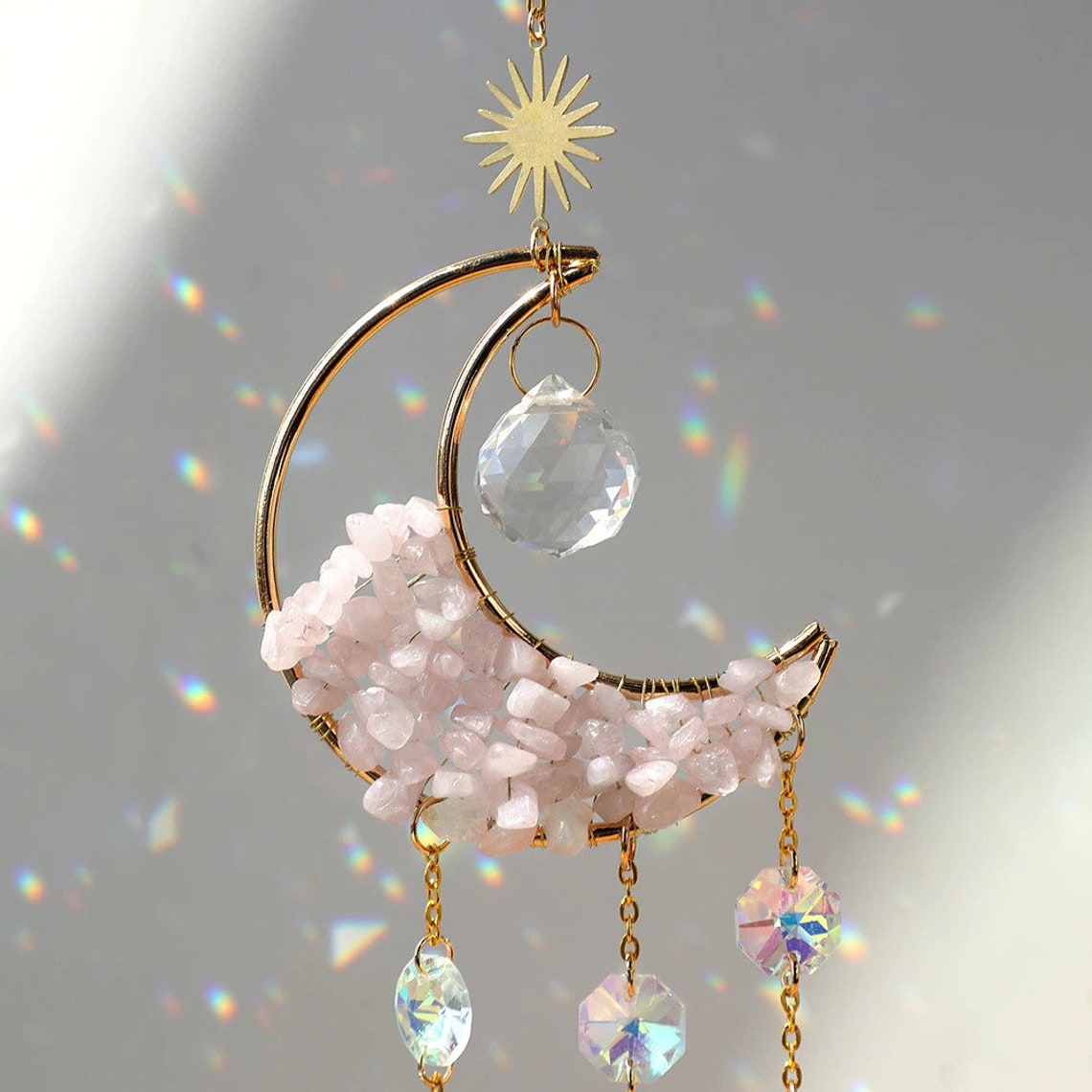 Quartz Moon Crescent Crystal Suncatcher Rose close up