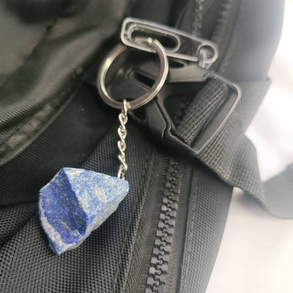 Raw Crystal Keychain (Lapis Lazuli) on bag