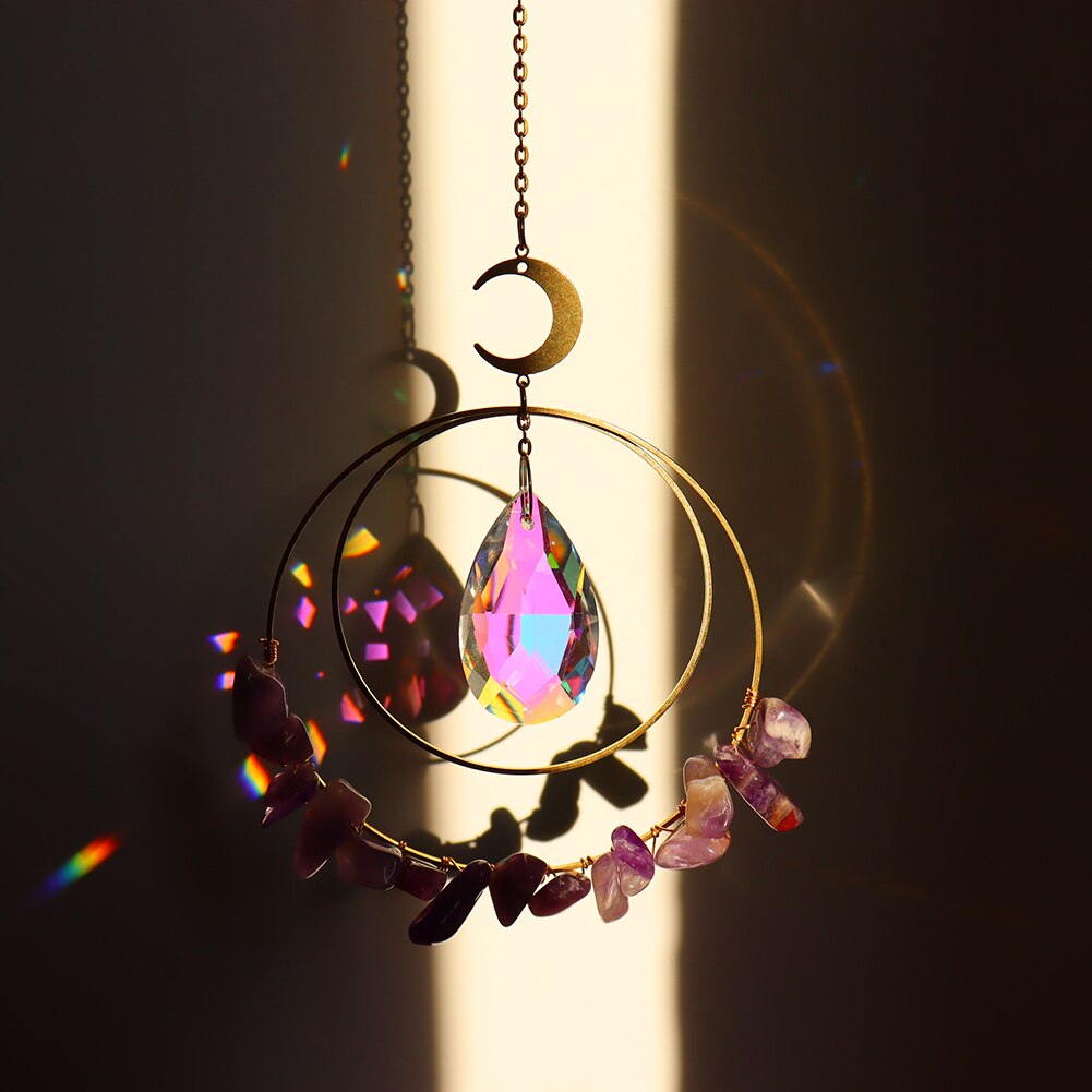 Hanging round quartz crystal chips suncatcher in sunlight