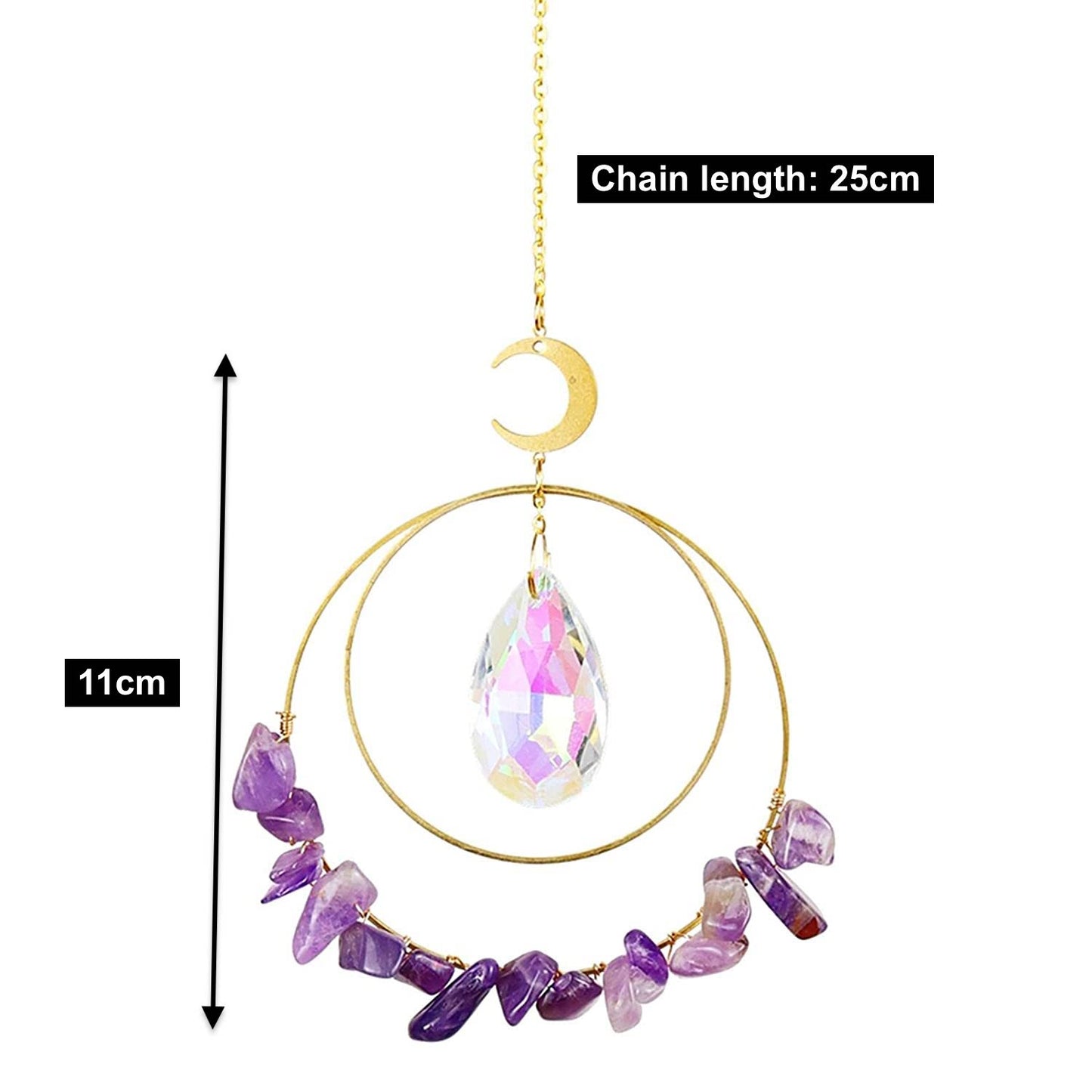 Hanging round quartz crystal chips suncatcher in sunlight