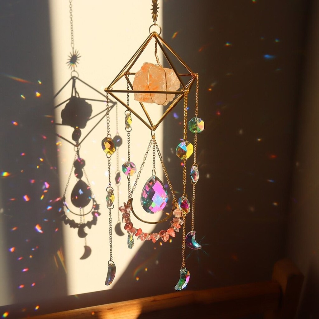 Raw Crystal Suncatcher (Himalayan Orange Salt) in sunlight