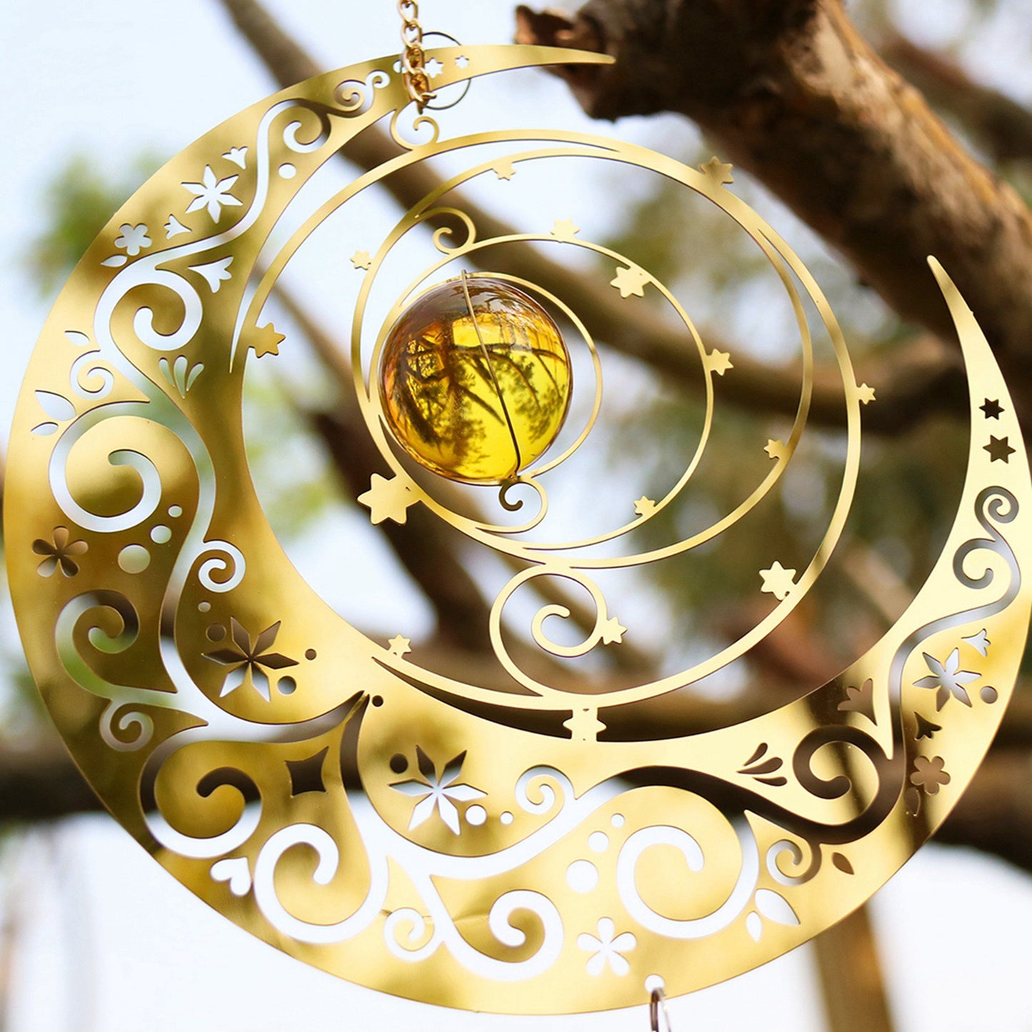 Rotating Golden Moon with Crystal Glass Ball Hanging Decor close up