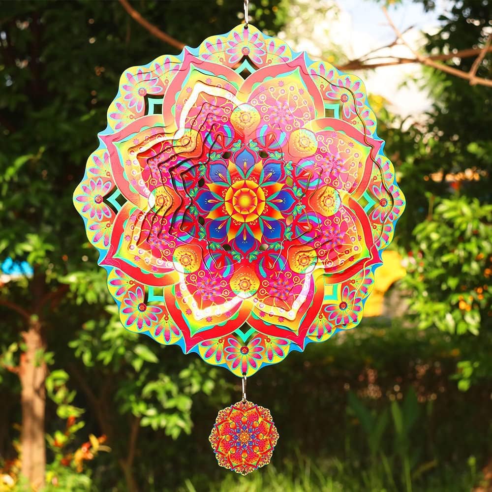 Kinetic Wind Spinner 3D Illusion Art (Mandala Hibiscus) in sunlight outdoors