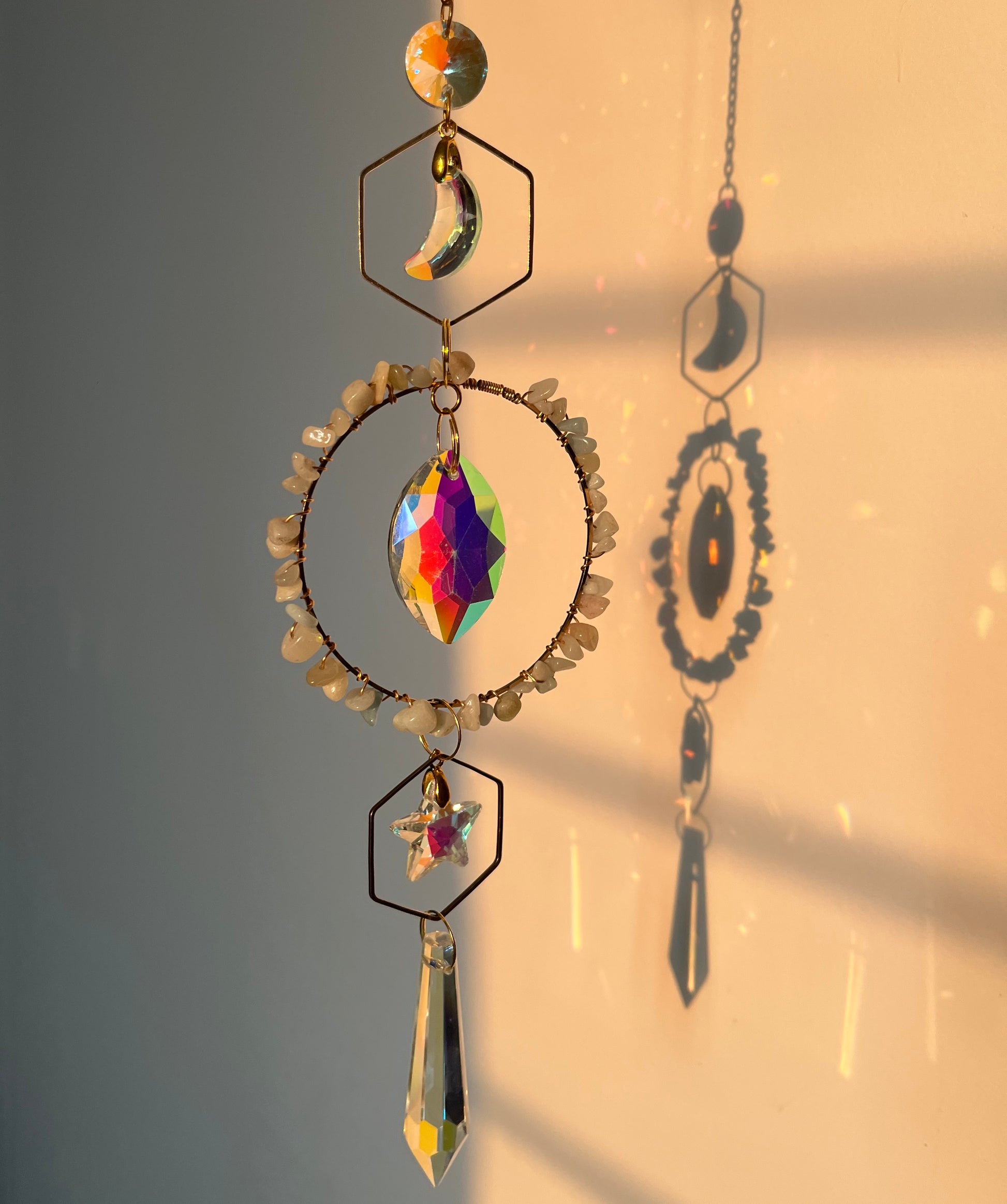 Crystal Suncatcher with Aventurine Chips in sunlight